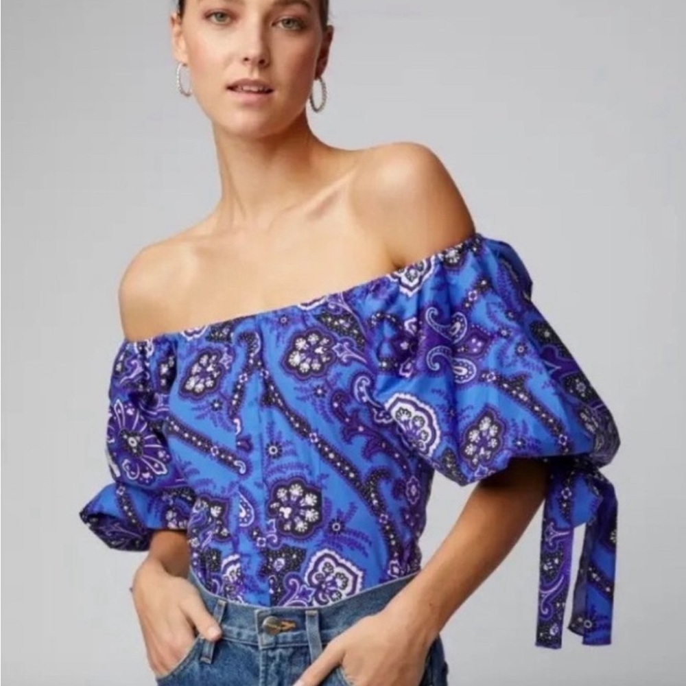 Caroline Constas Nella Paisley off the shoulder puff sleeve top